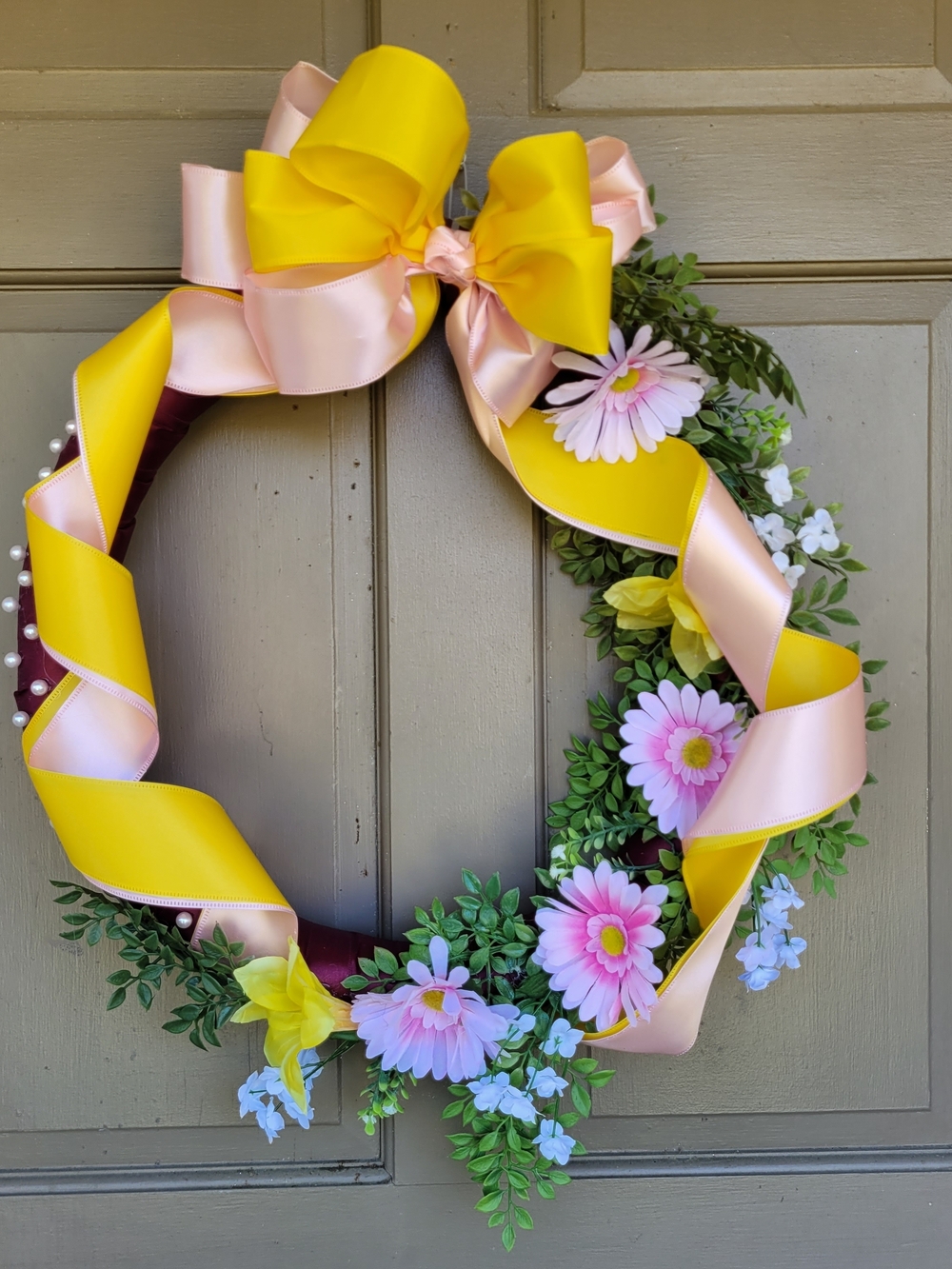Yellow and Pink Spring Floral Wreath with Bow New